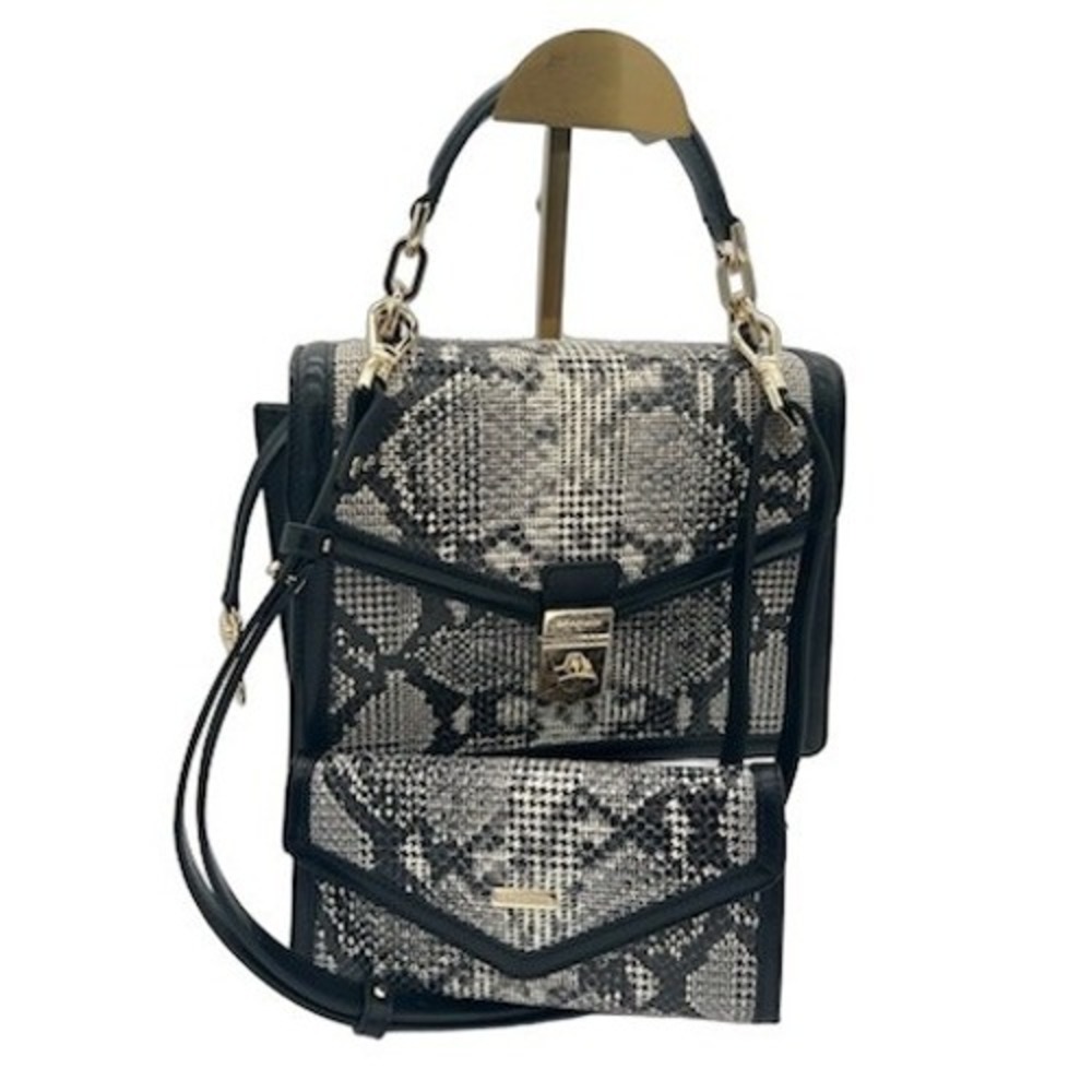 Brahmin Satchel Handbag Purse Women's Black Grey Embossed Leather Wallet Set